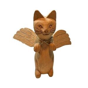 Folk Art Whimsical Rustic Light Wood Carved 12" Tall Standing Cat w/Angel Wings*